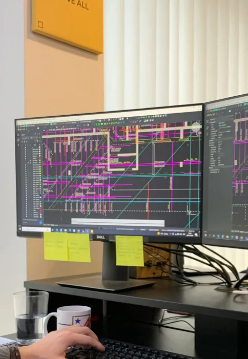 Engineer working on rebar drawings across two monitors