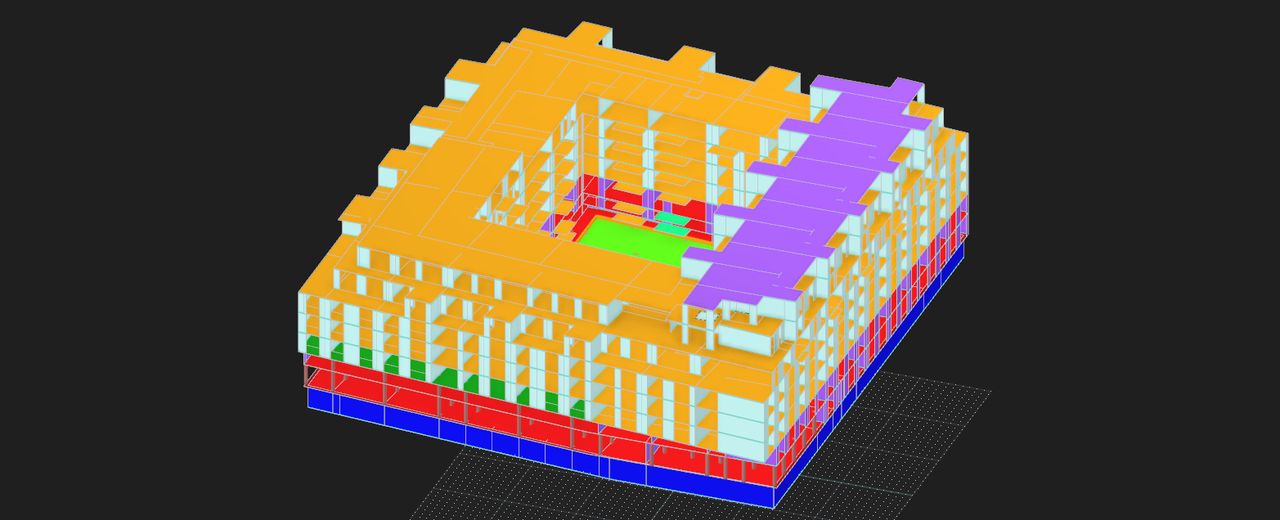 Reinforced concrete frame model, storeys and structural elements colour-coded