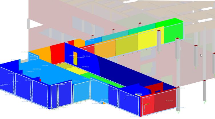 Structural load analysis model, colour-coded load distribution