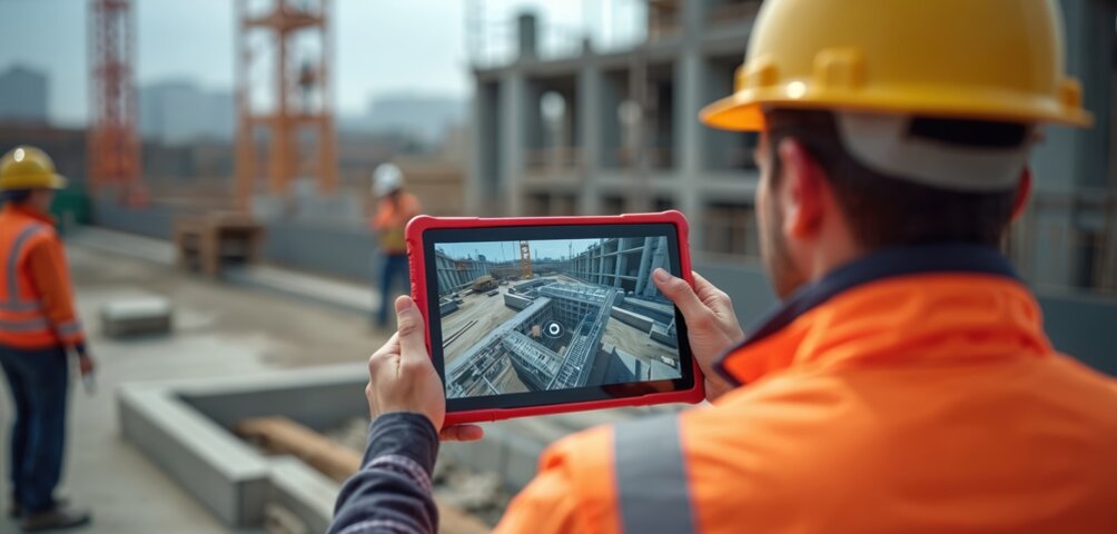Construction professional reviewing a BIM model on a tablet at an active construction site. DIgital Construction