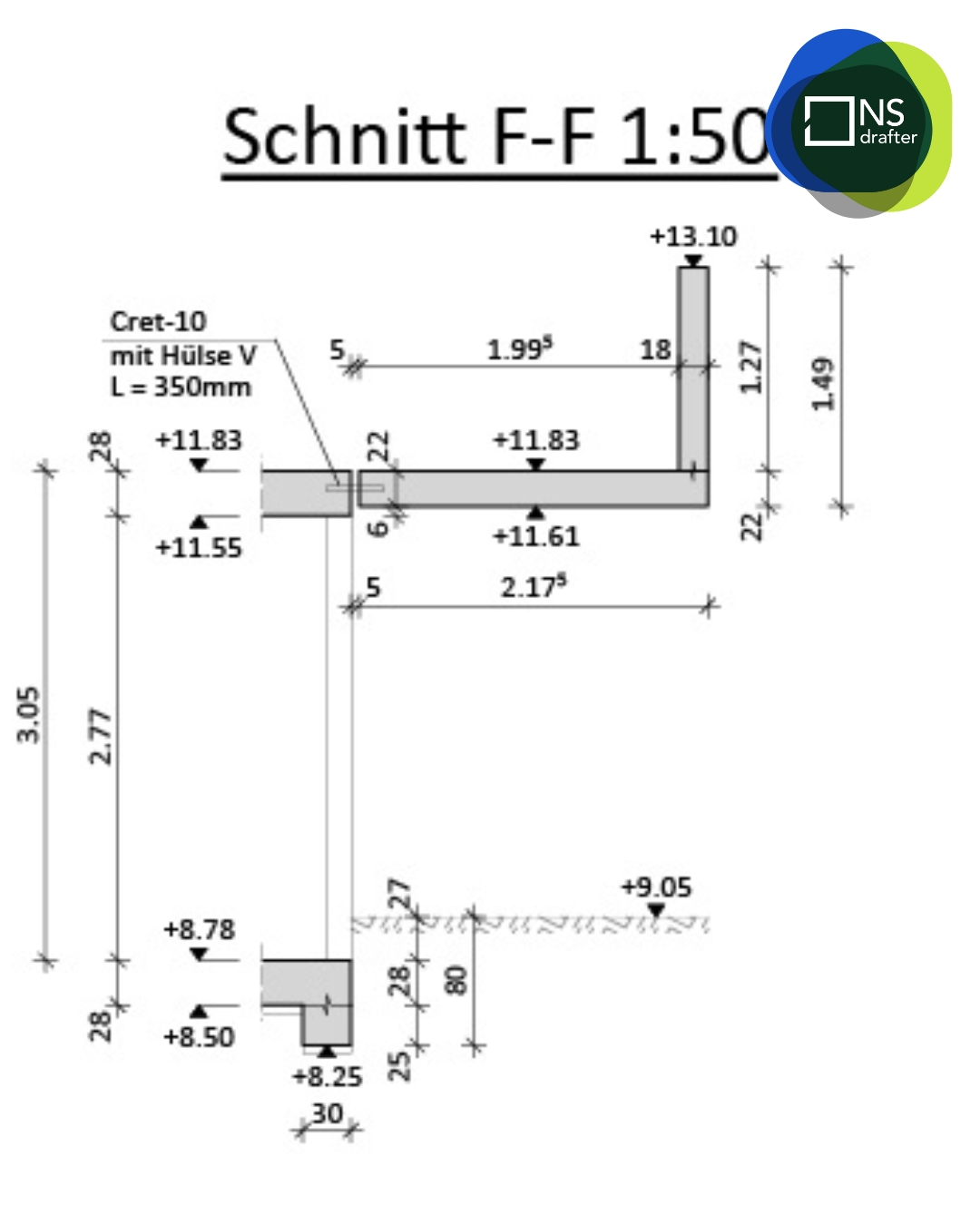 Formwork detail drawing showing precise dimensions, section views.