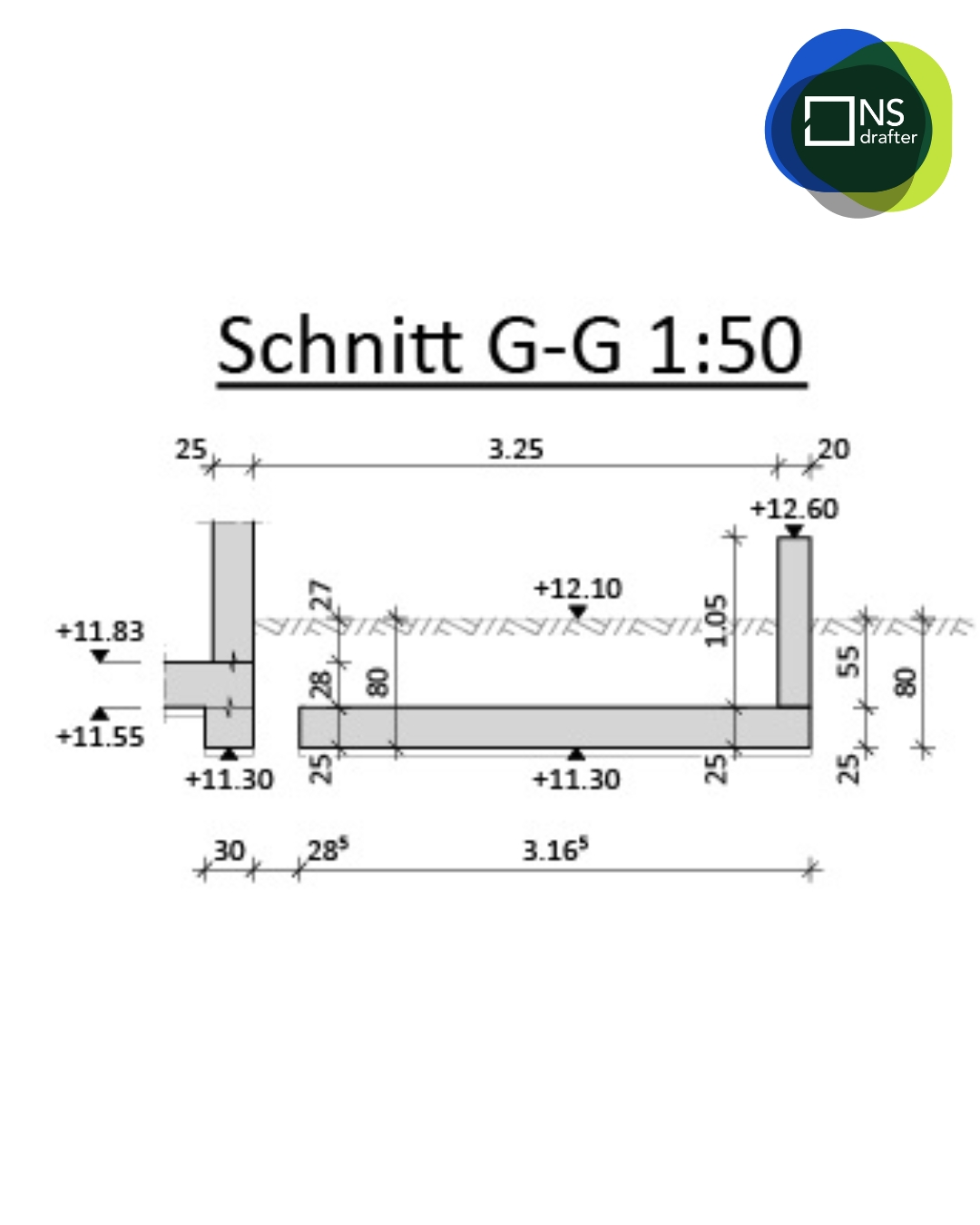 Formwork detail with clearly dimensioned section, essential for accurate execution on-site.