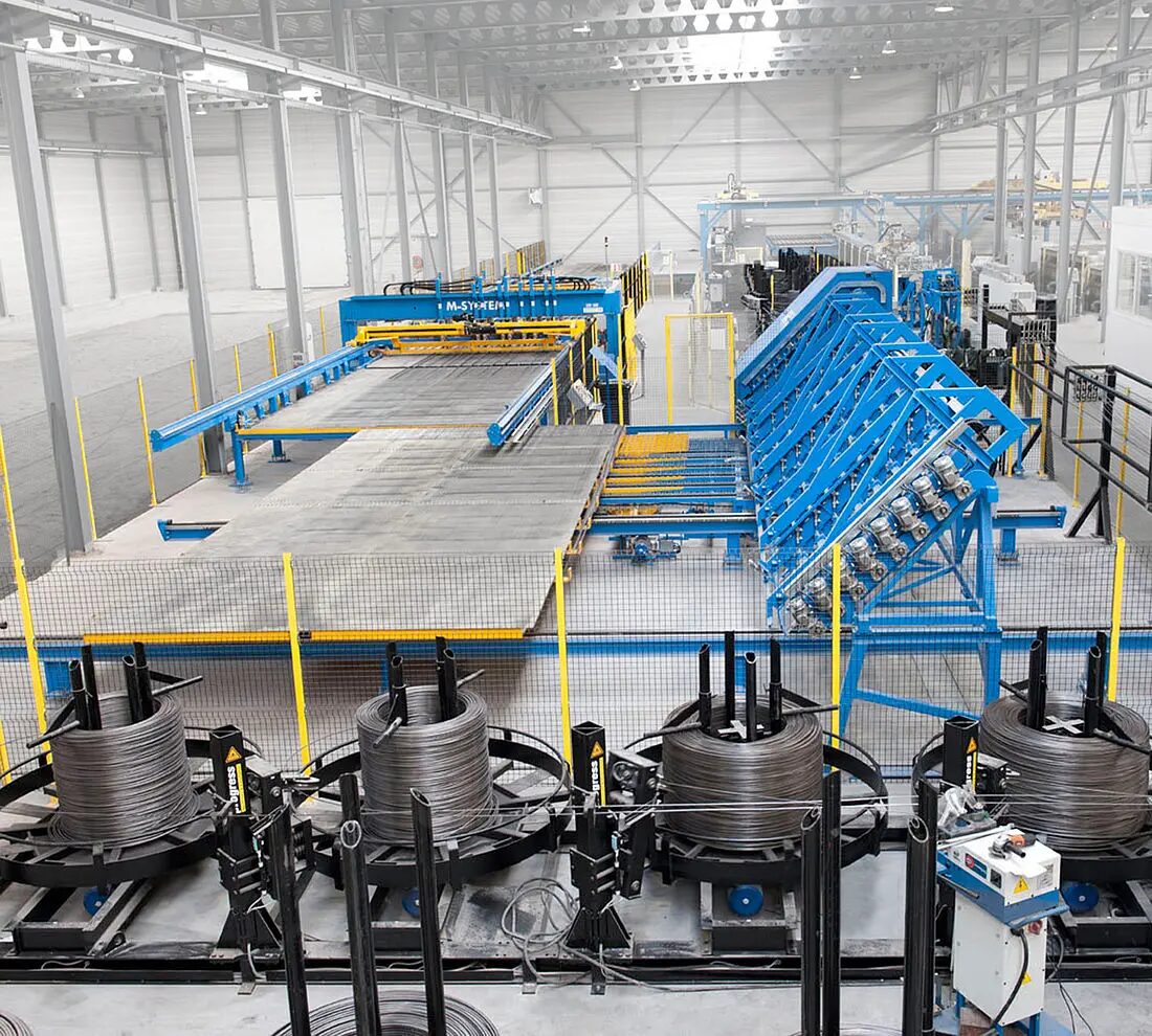 Schematic representation of a reinforcement fabrication plant from a factory, showing the internal production flow from raw steel intake through cutting, bending, and prefabrication.