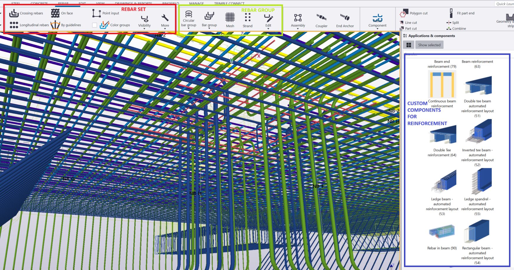 Tekla Structures reinforcement modeling with detailed rebar geometry, bending definitions, dense reinforcement zones and automated bar bending schedules.