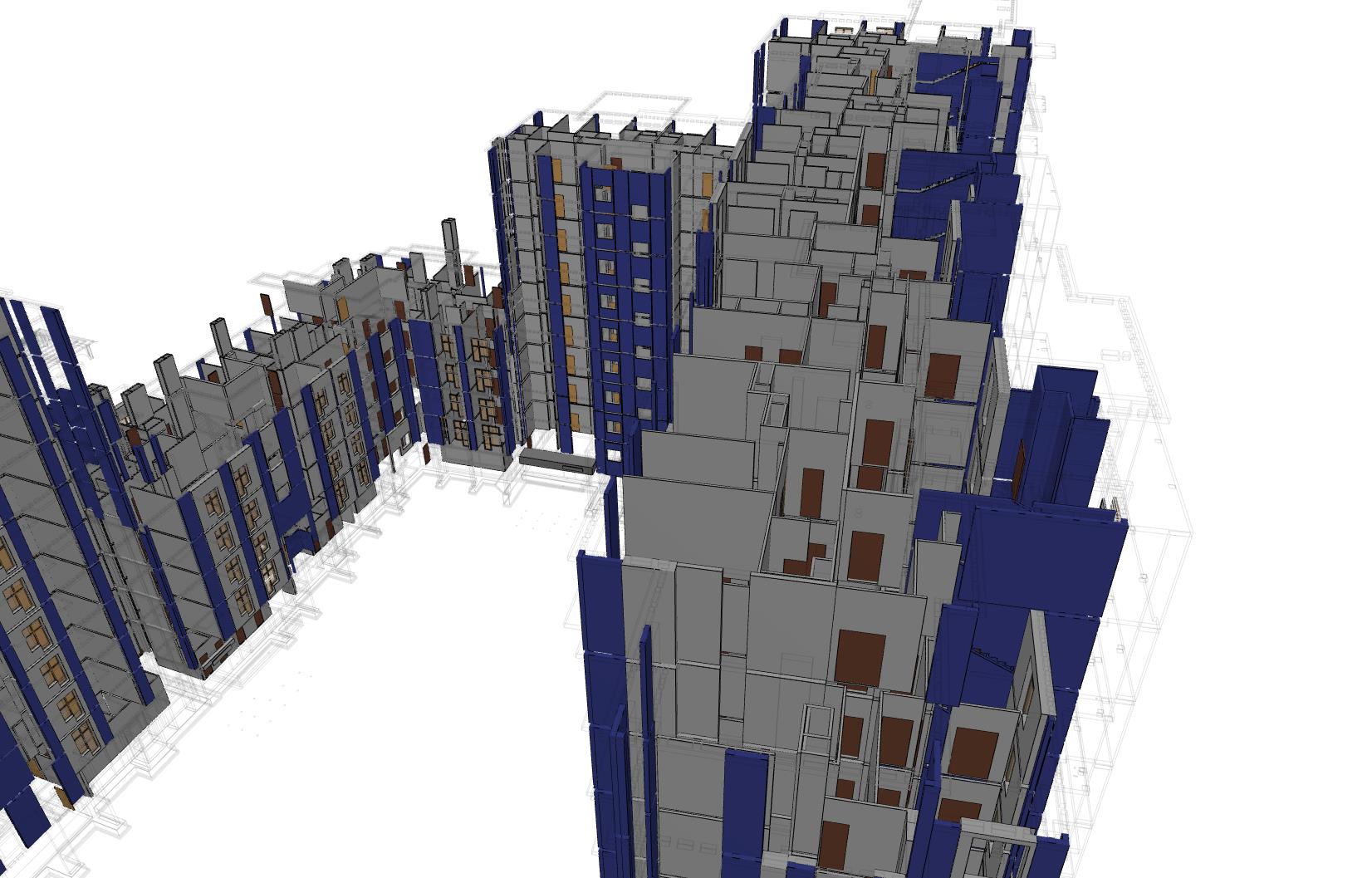Architectural BIM model showing AAC blockwork, brick systems, interior partitions, finishes, facade details, and parametric room elements.