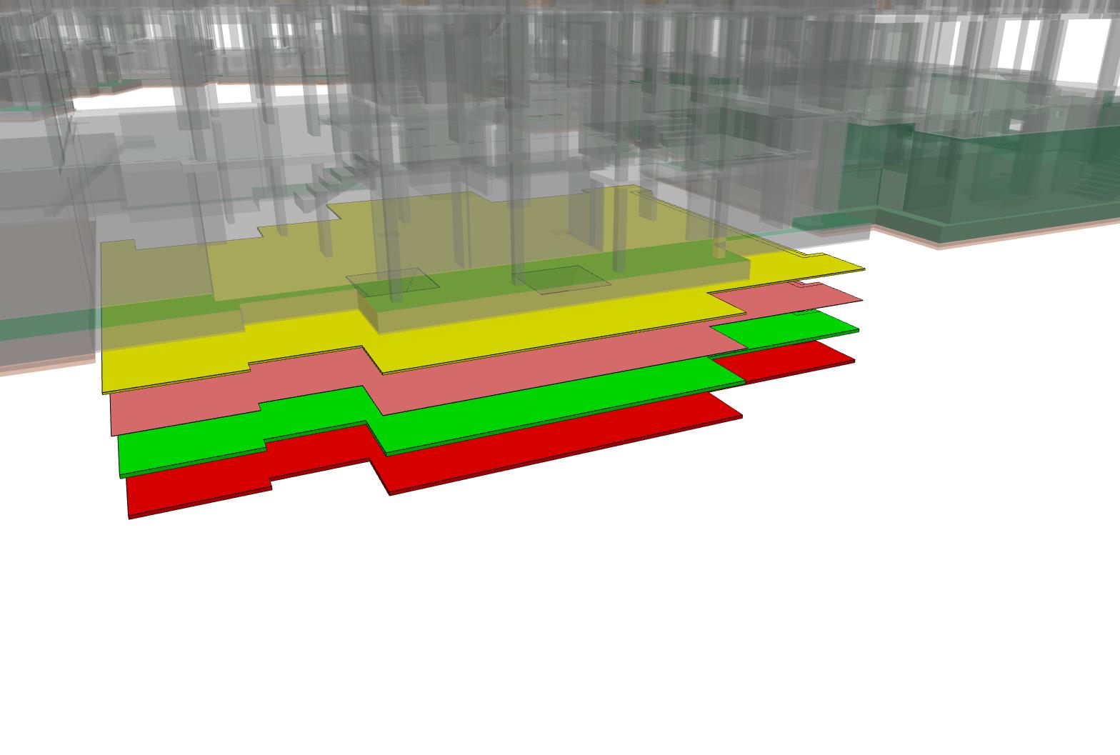 BIM model of sub-foundation layers including waterproofing and blinding layer under foundation slab with detailed construction elements.