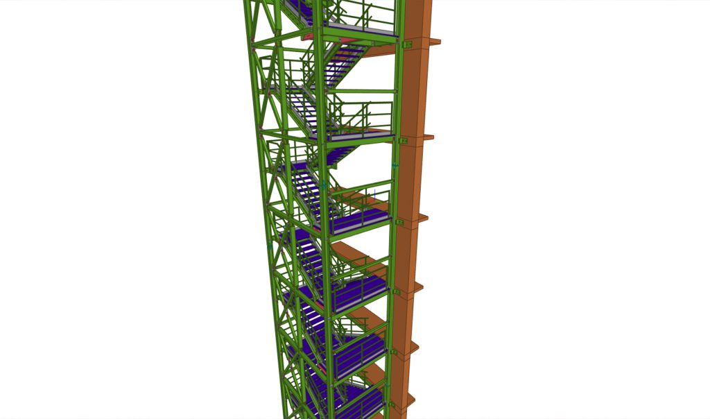 Detailed 3D Tekla model of a 10-story steel stairway for an industrial complex