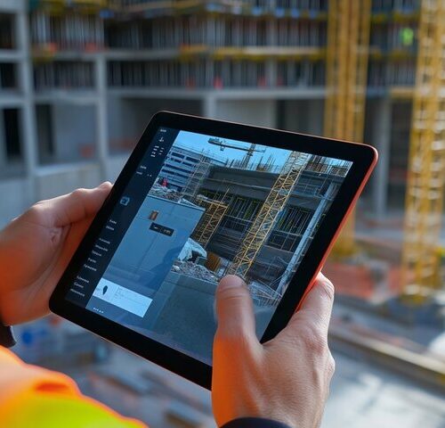 Man holding a tablet on construction site with a BIM model displayed on screen