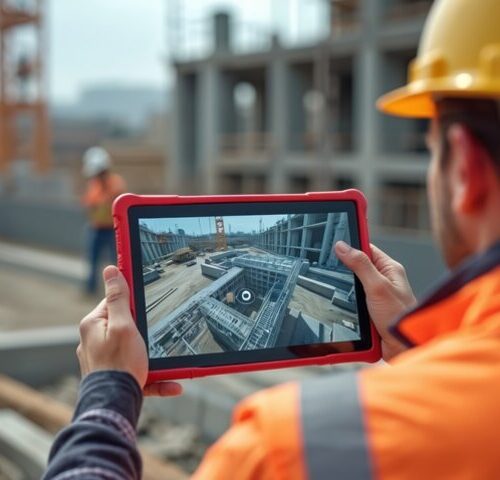 Construction professional reviewing a BIM model on a tablet at an active construction site.