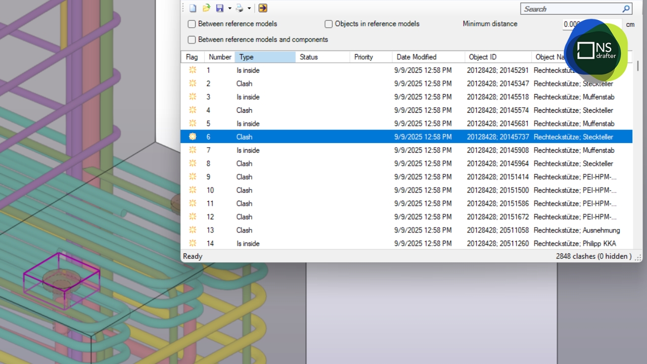Clash detection in Tekla Structures showing reinforcement conflicts identified in a 3D model