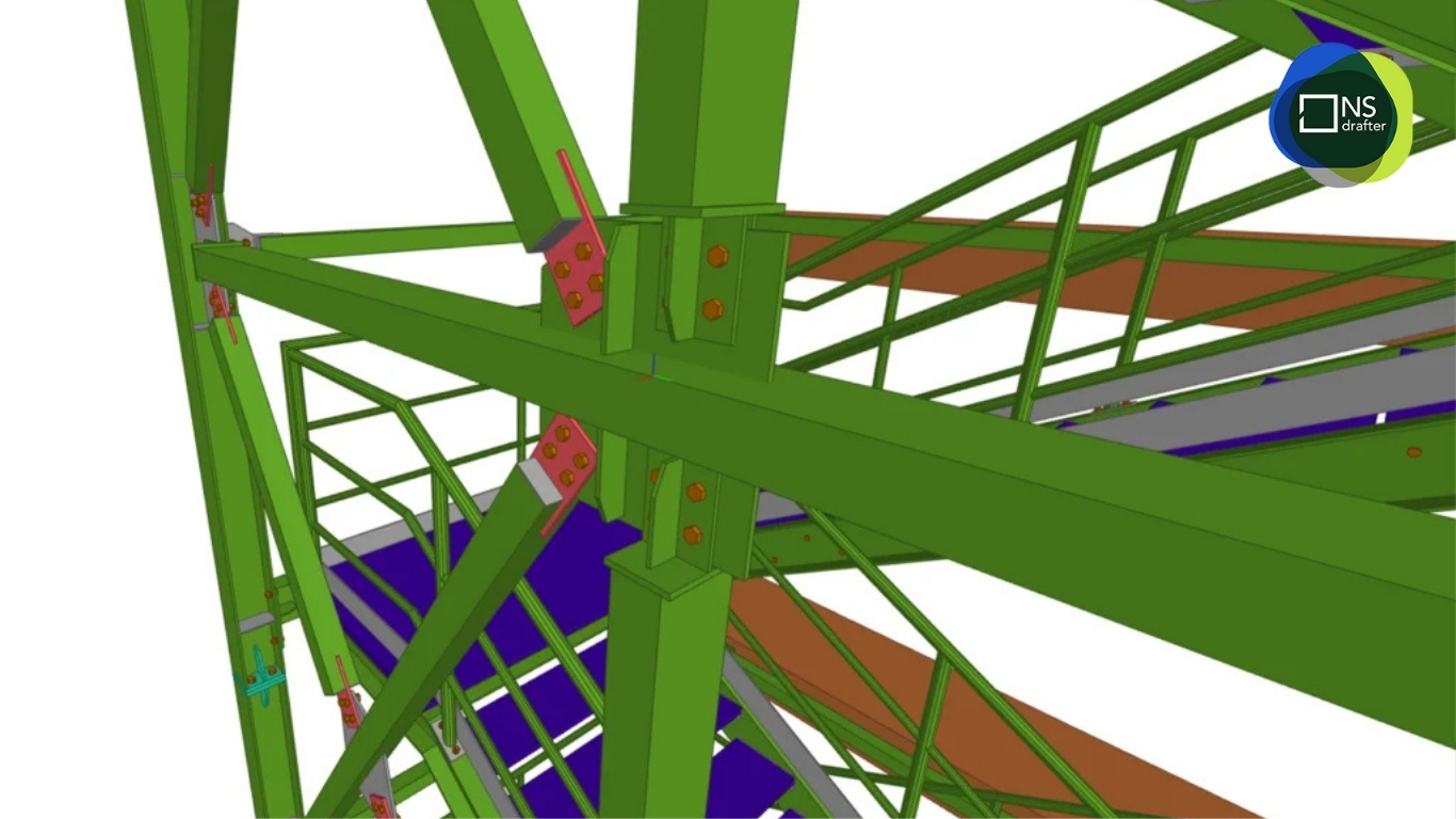 Detailed 3D Tekla model of a 10-story steel stairway for an industrial complex.