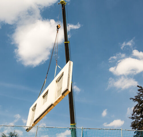 A precast concrete wall panel on-site.