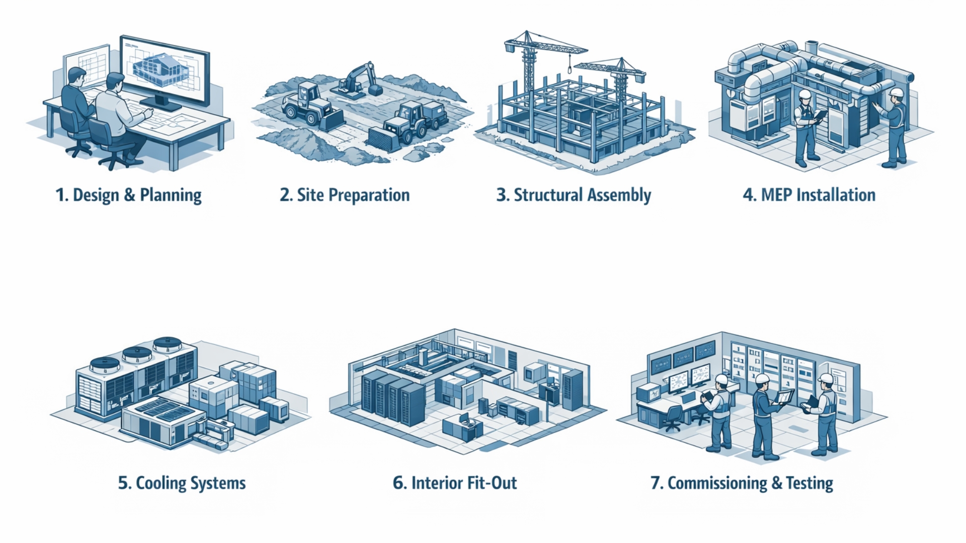 Seven key phases of data center construction including design, site preparation, structural assembly, MEP installation, cooling systems, interior fit-out, and final testing