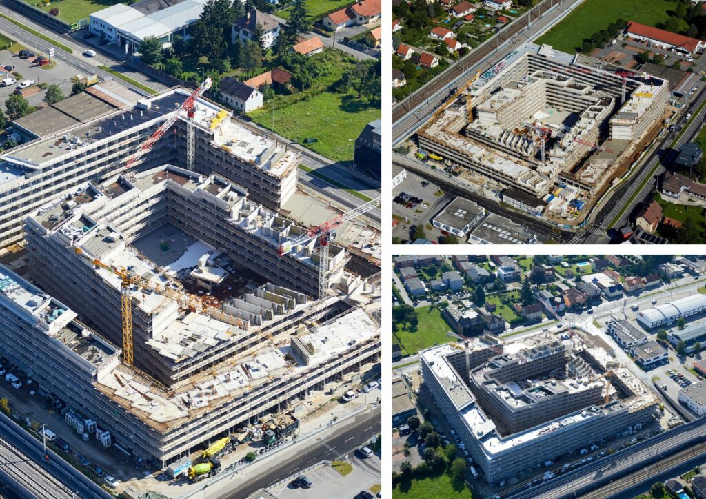 Construction site showing advanced progress with most structural work completed and final activities in progress. Construction Case Study of Gate 17 in Graz