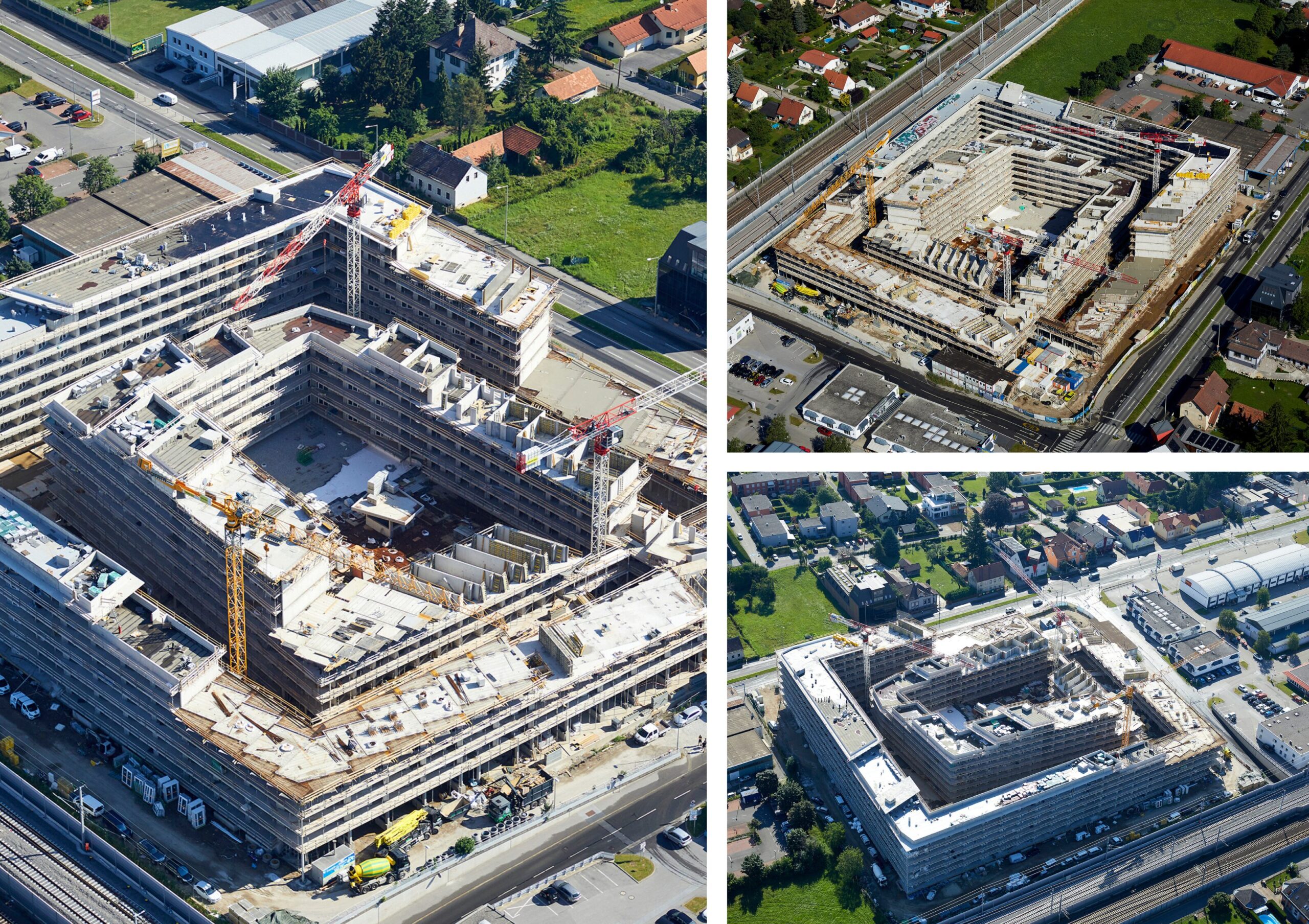 Construction site showing advanced progress with most structural work completed and final activities in progress. Construction Case Study in Graz