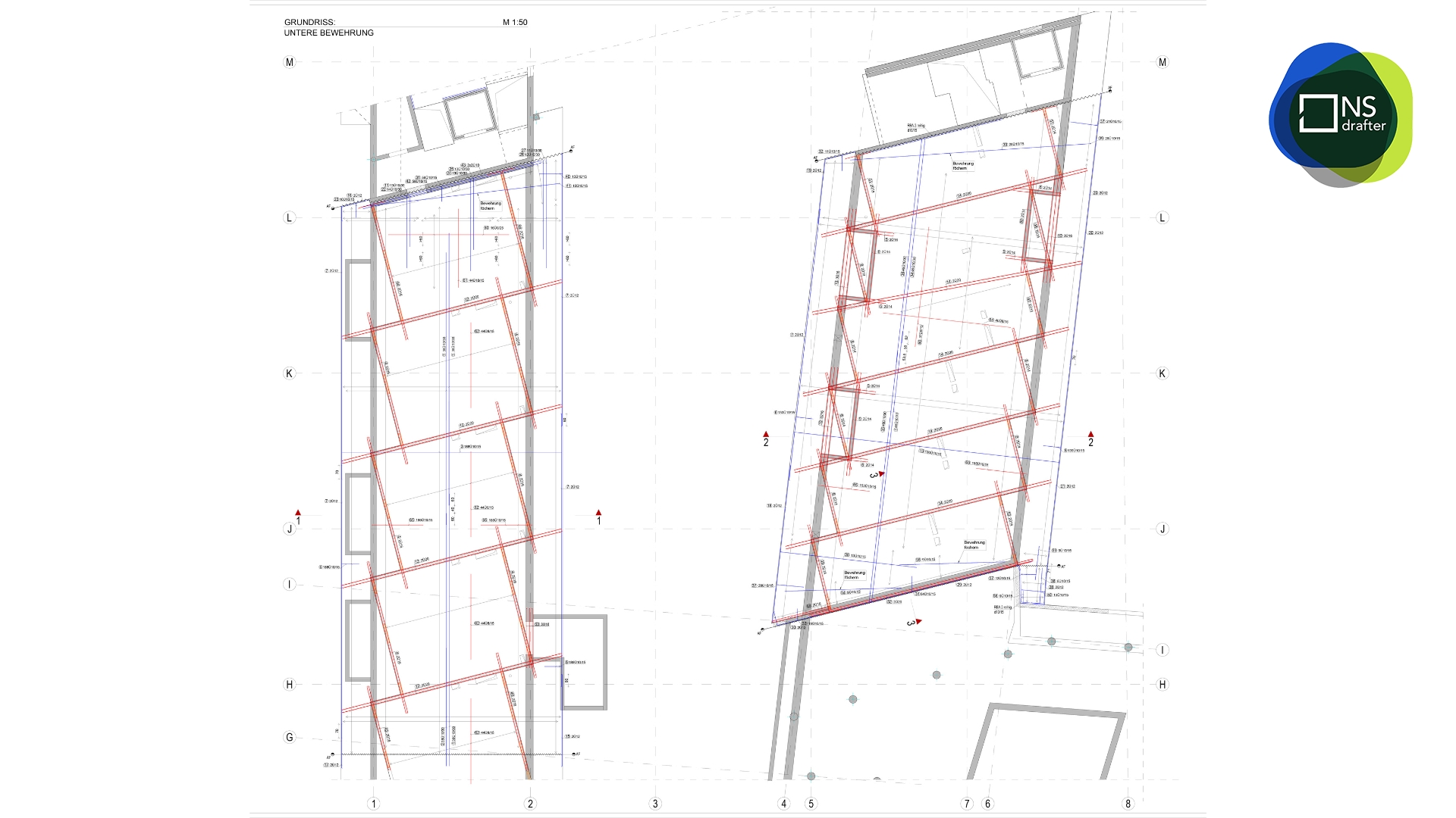 Plan and sections of the slab at the first underground level (UG 1)