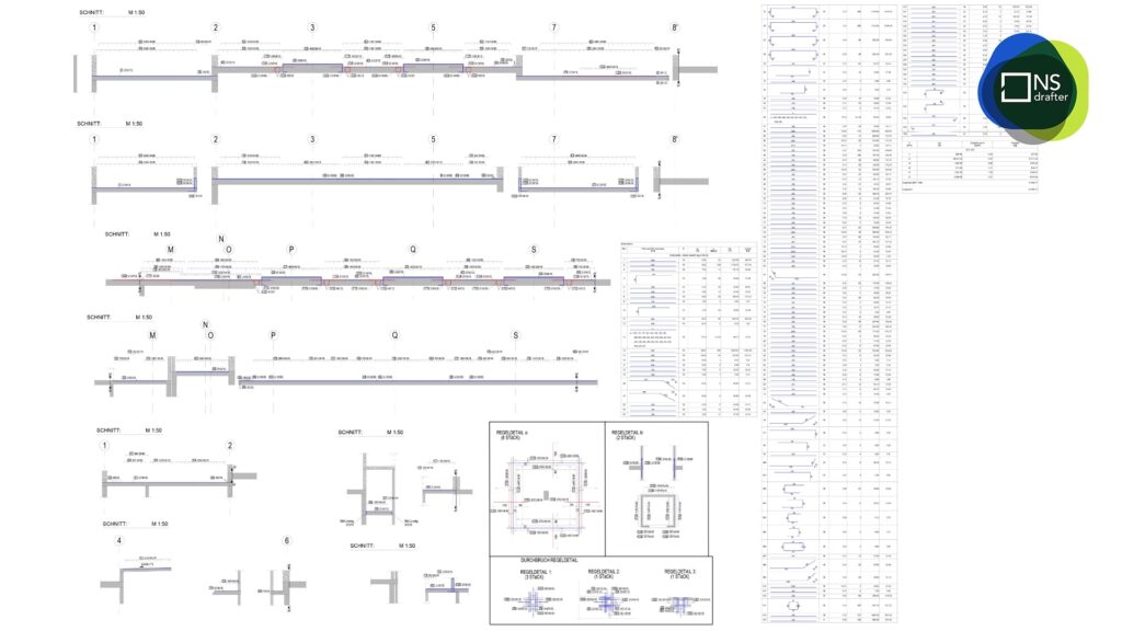 Construction case study - section views highlighting the upper reinforcement layout.