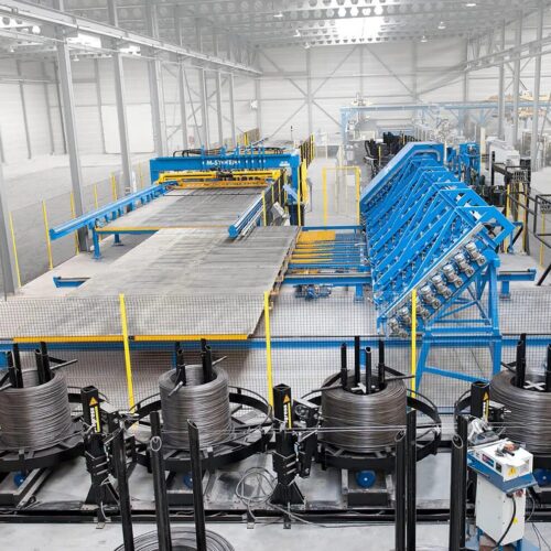 Schematic representation of a reinforcement fabrication plant from a factory, showing the internal production flow from raw steel intake through cutting, bending, and prefabrication.