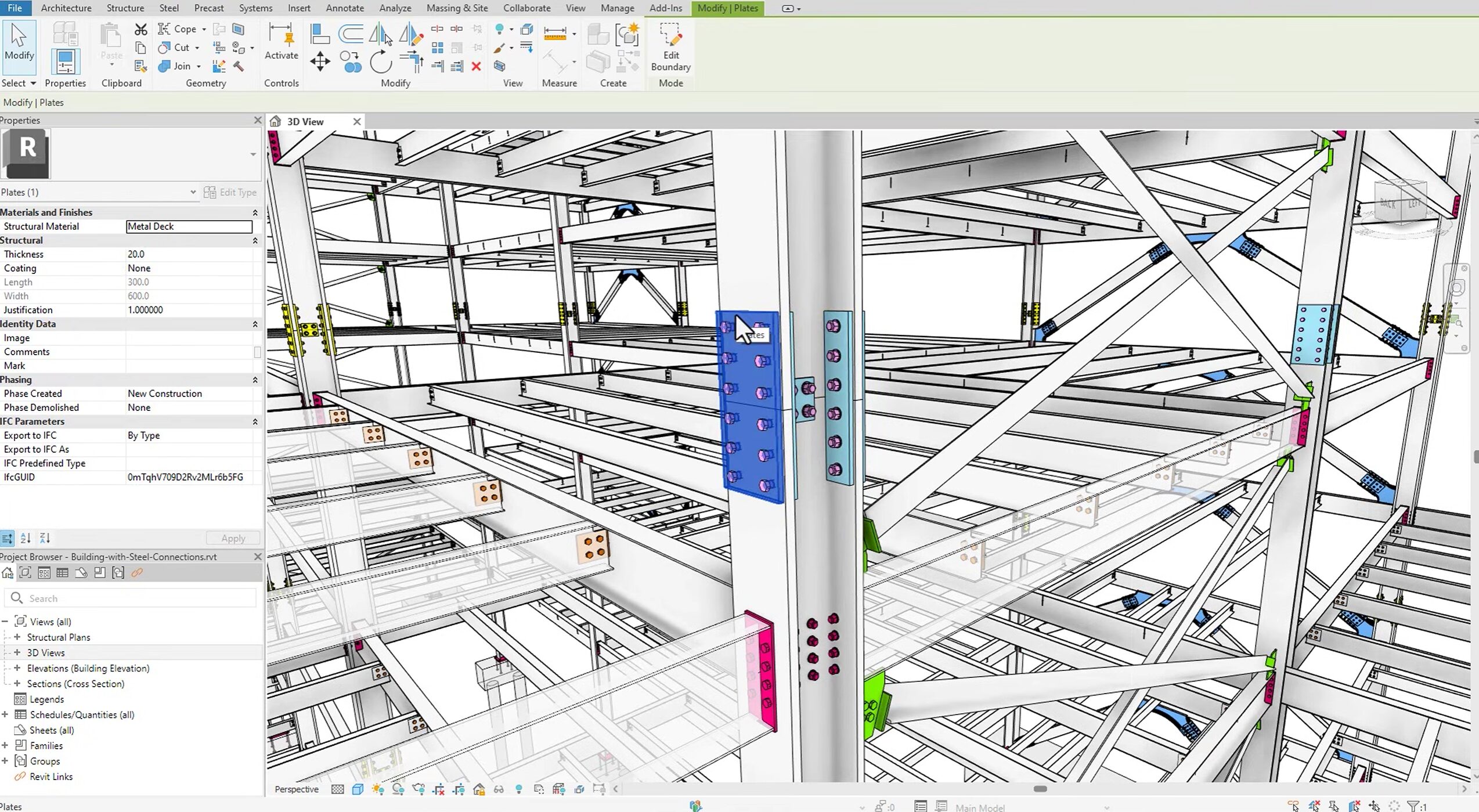 Revit vs Tekla.Revit structural steel model showing steel members, assemblies, basic connections, and coordination within a multidisciplinary BIM environment.