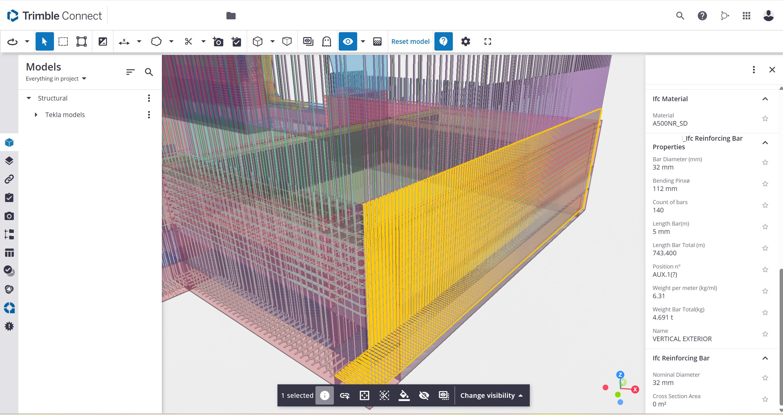 Tekla structural model used for reinforcement placement planning, steel erection sequencing, CNC fabrication, and construction stage tracking.