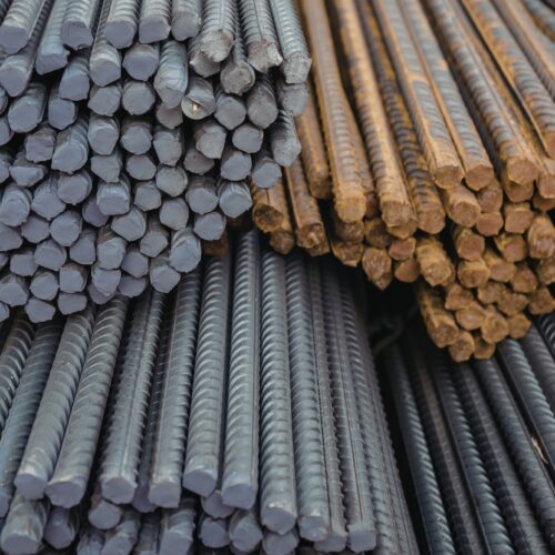 Steel reinforcing bars (rebar) bundled on a construction site