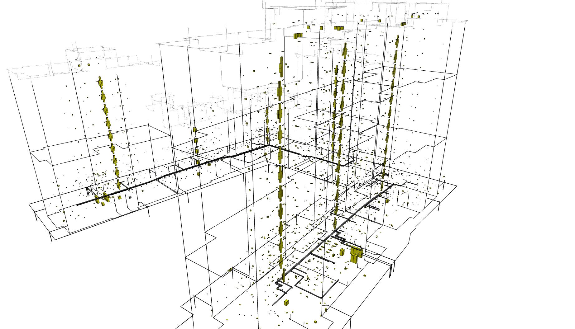 BIM electrical model with lighting fixtures, power outlets, cable trays, electrical panels, and fire alarm systems in basement.