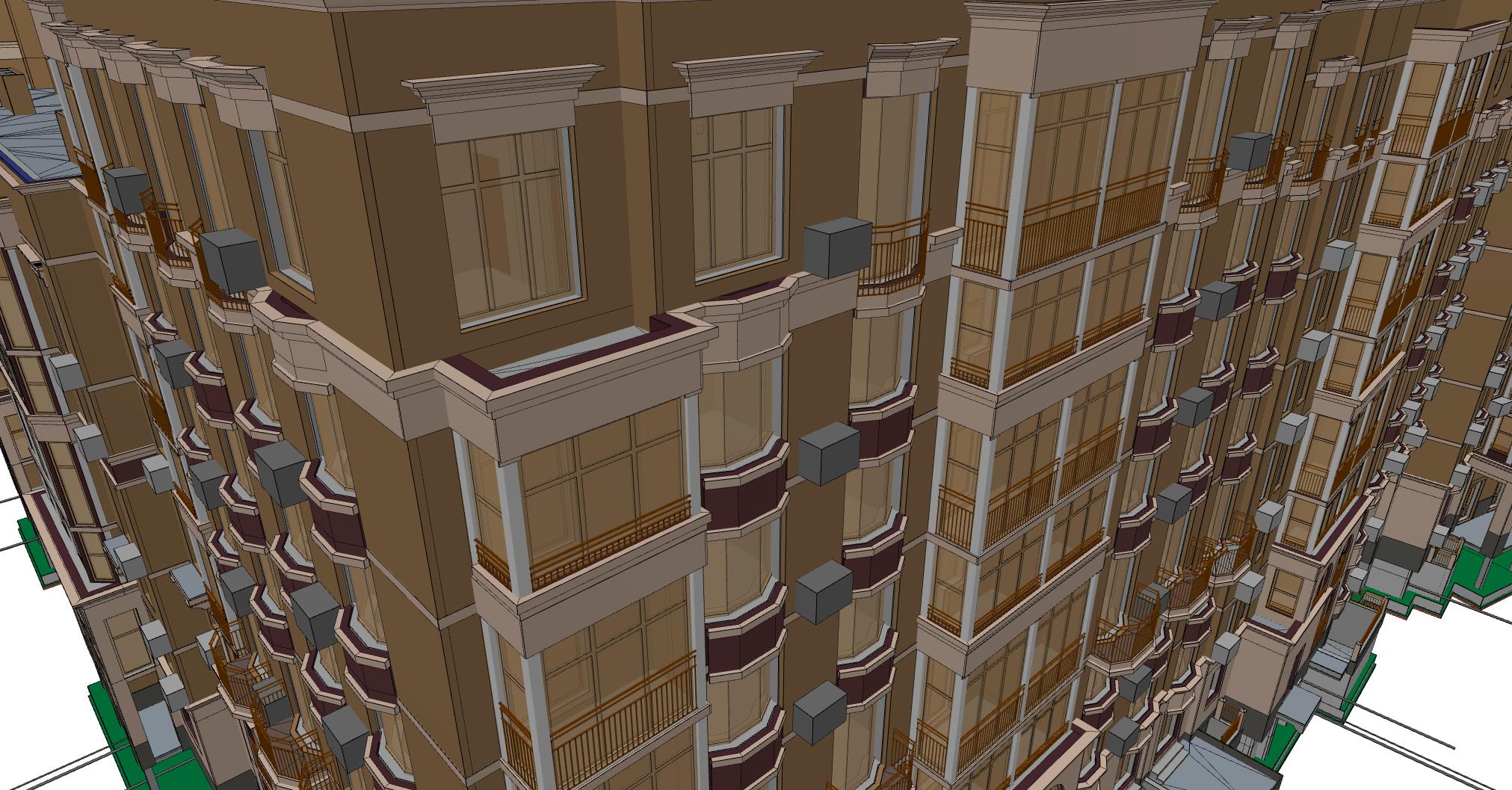 BIM model of building facade with decorative elements such as cornices, columns, railings, and exterior finishes.