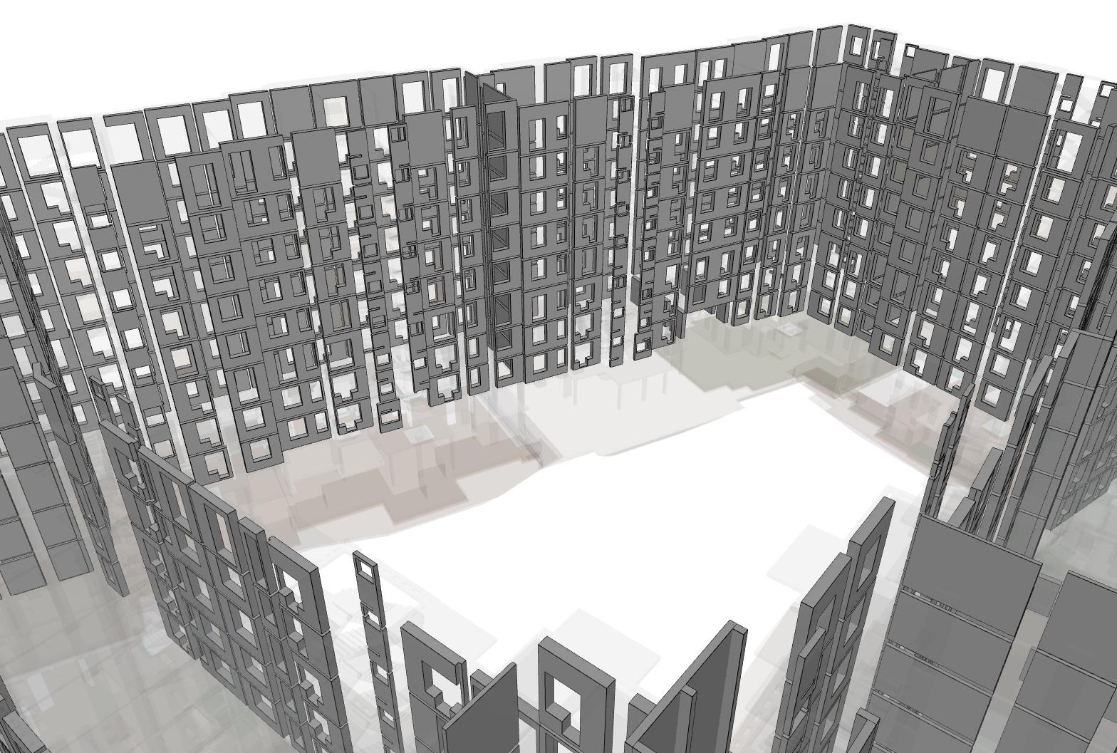 BIM model with AAC block walls used for facade construction, showing exterior masonry layout and wall thickness.