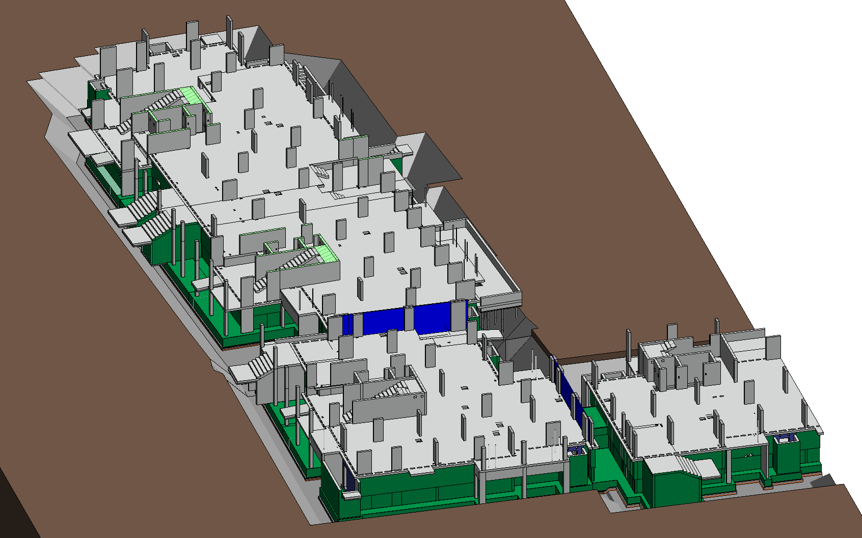 BIM modeling showing foundation slab, sub-foundation layers, waterproofing, blinding layer, and excavation elements in basement construction.