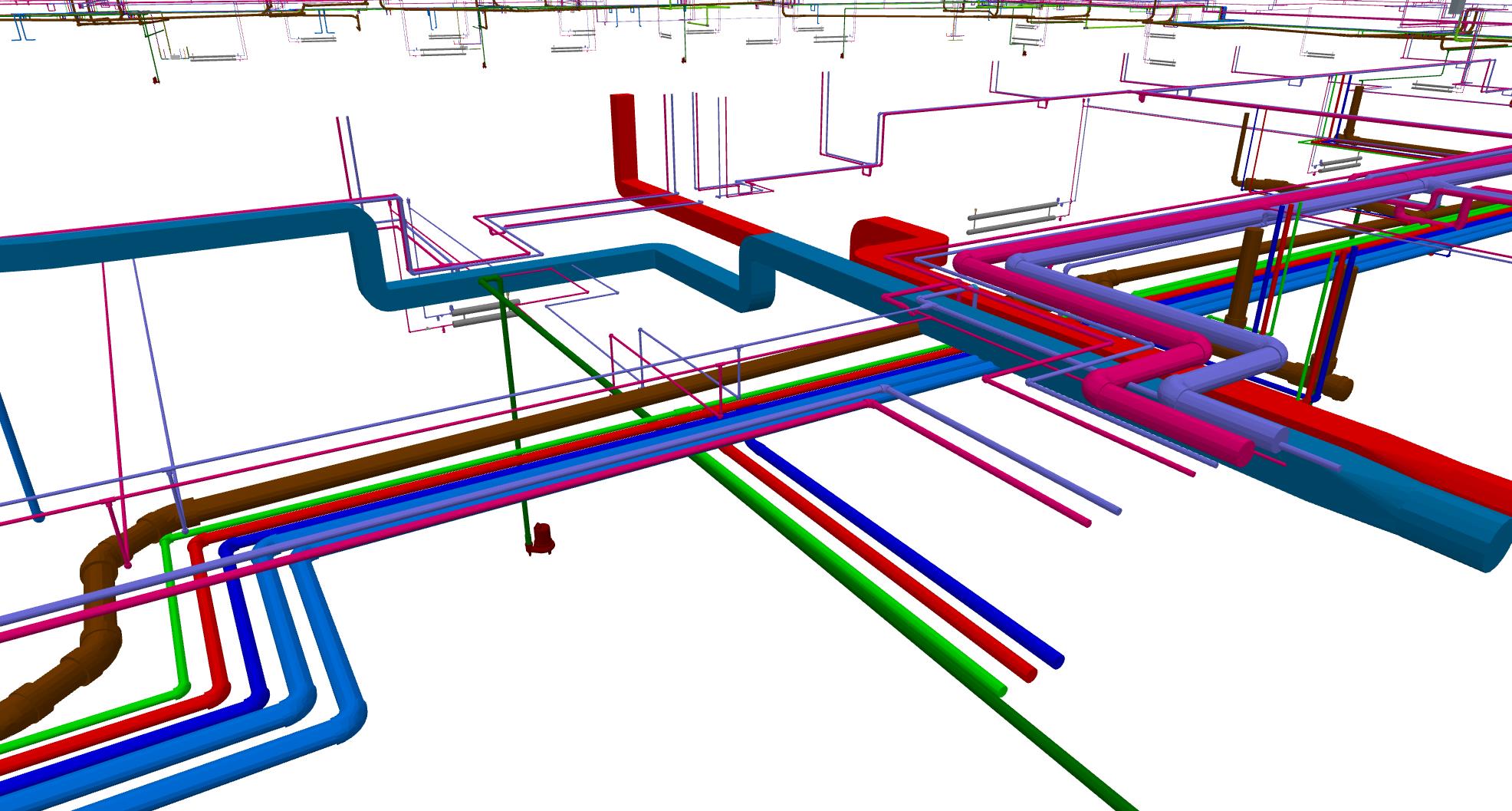 BIM MEP model with HVAC ducts, plumbing pipes, and heating systems showing vertical shafts and coordinated installation.