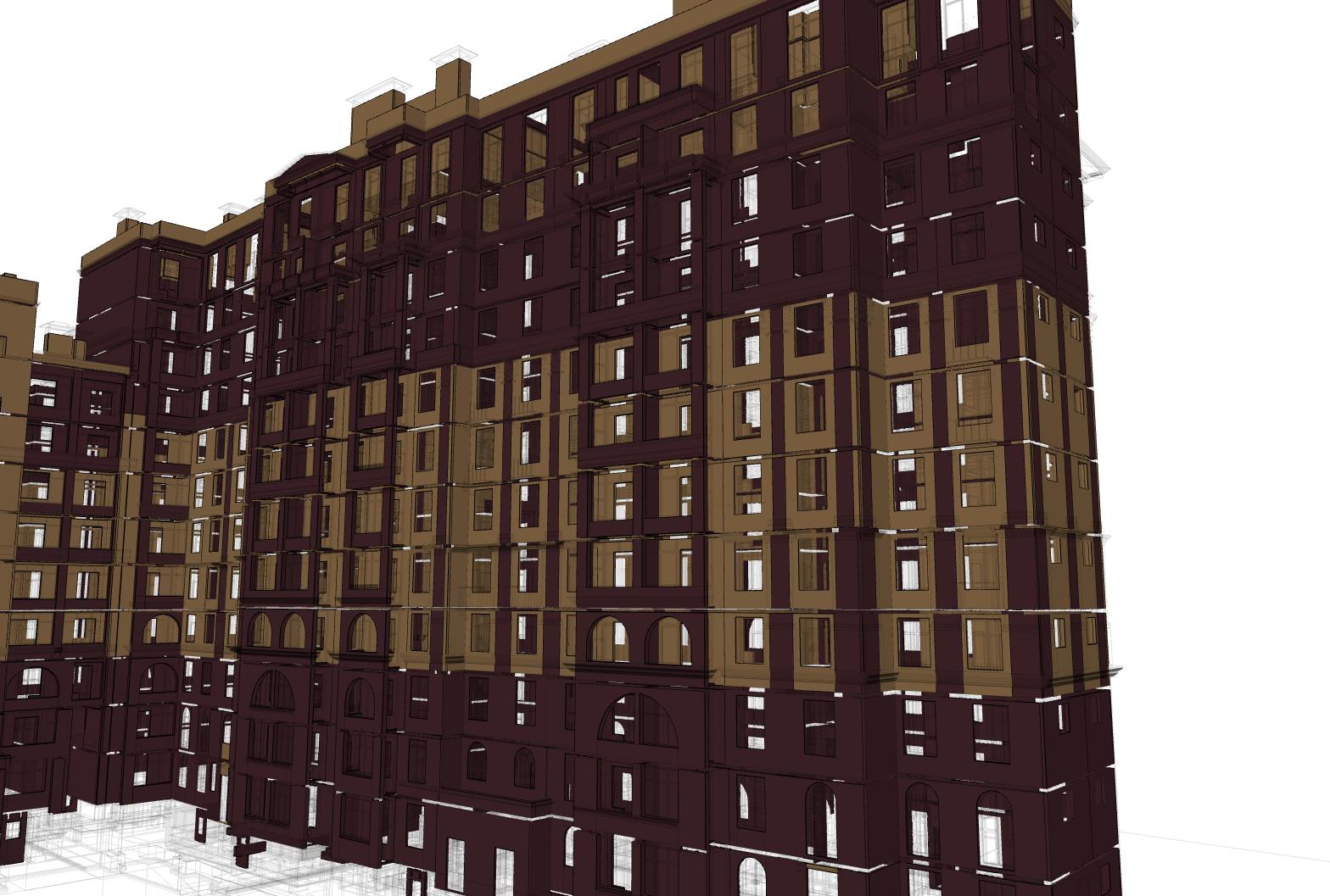 BIM model of brickwork with facing and non-facing brick materials used in facade and wall construction.