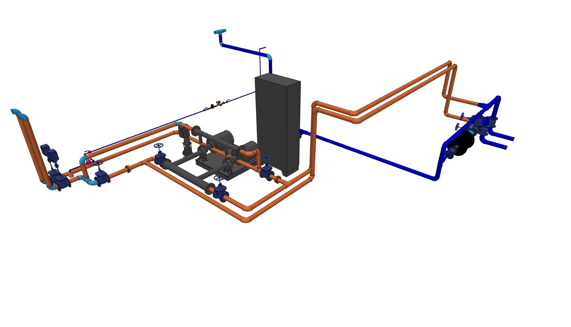 BIM model of fire suppression pump PV1 with connected firefighting piping system in basement MEP layout.