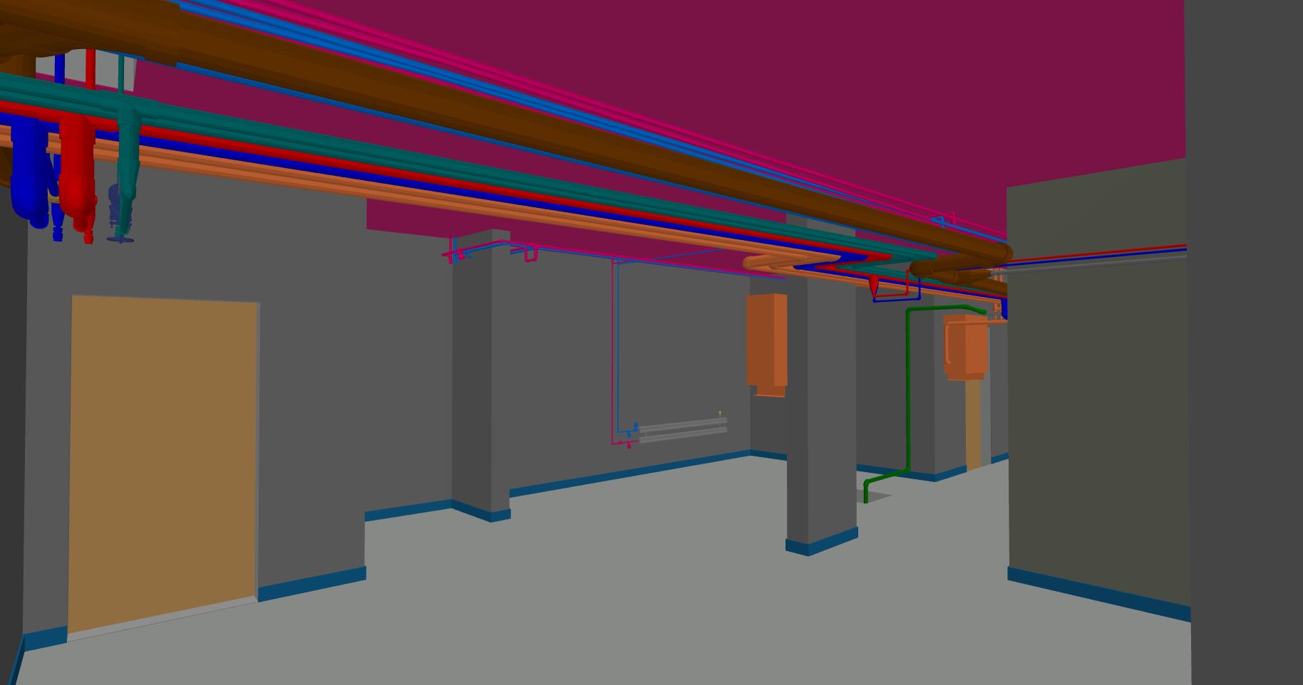 BIM model of basement showing coordinated MEP systems with plumbing, HVAC, fire protection, and structural and architectural elements.