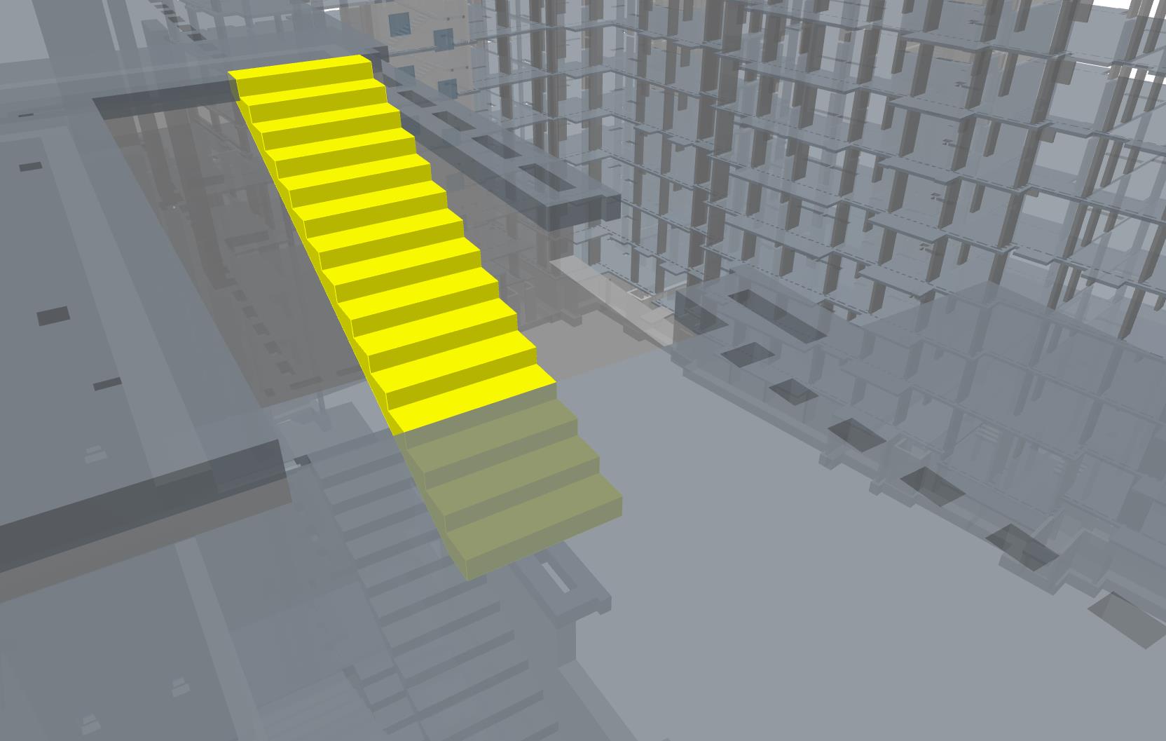 BIM model of entrance stair flights and terraces connecting ground level to building structure with reinforced concrete elements.