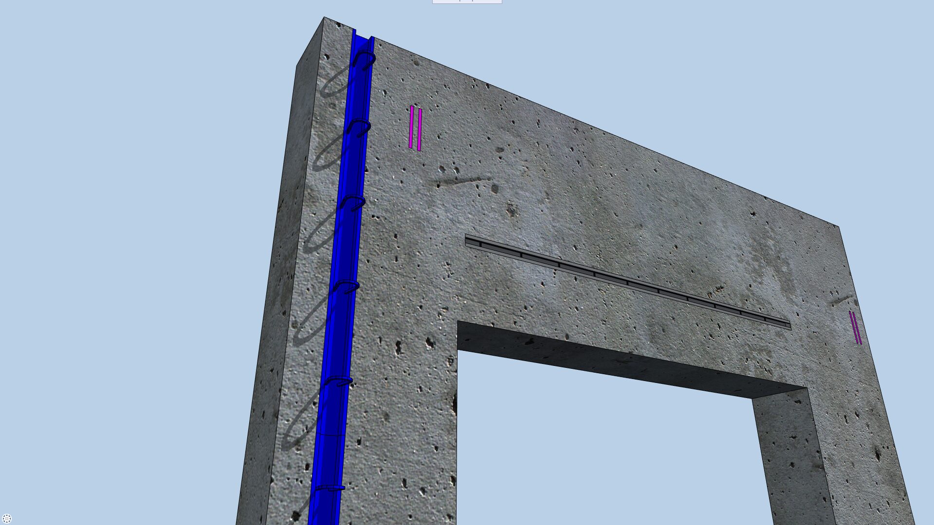Prefabricated concrete wall with large structural opening showing embedded anchors and reinforcement.