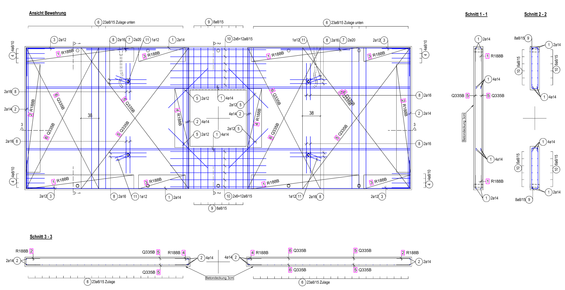 Shop drawing - prefabricated roof panel reinforcement layout with sections — Tesla industrial Facility Berlin