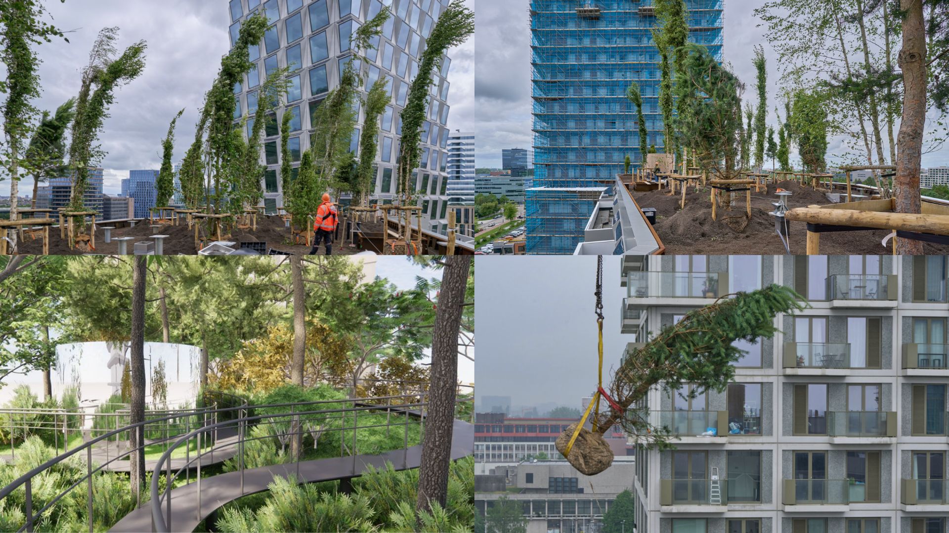 Green roof terrace on central plinth of the building functioning as elevated park space on upper levels